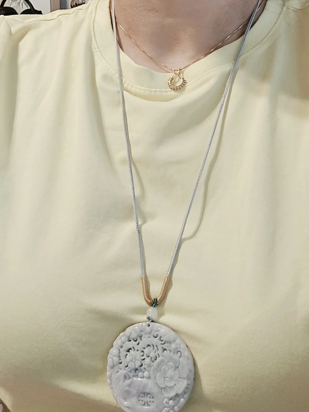 Jade Pale Green Carved Floral Round Pendant Necklace with Silver Cord
